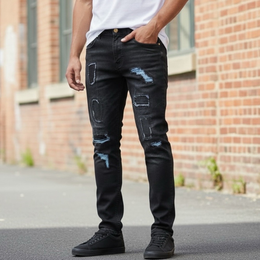Makobi Men's 42x32 Black Distressed Moto Biker Jeans Gold Zippers Hip Hop Y2K